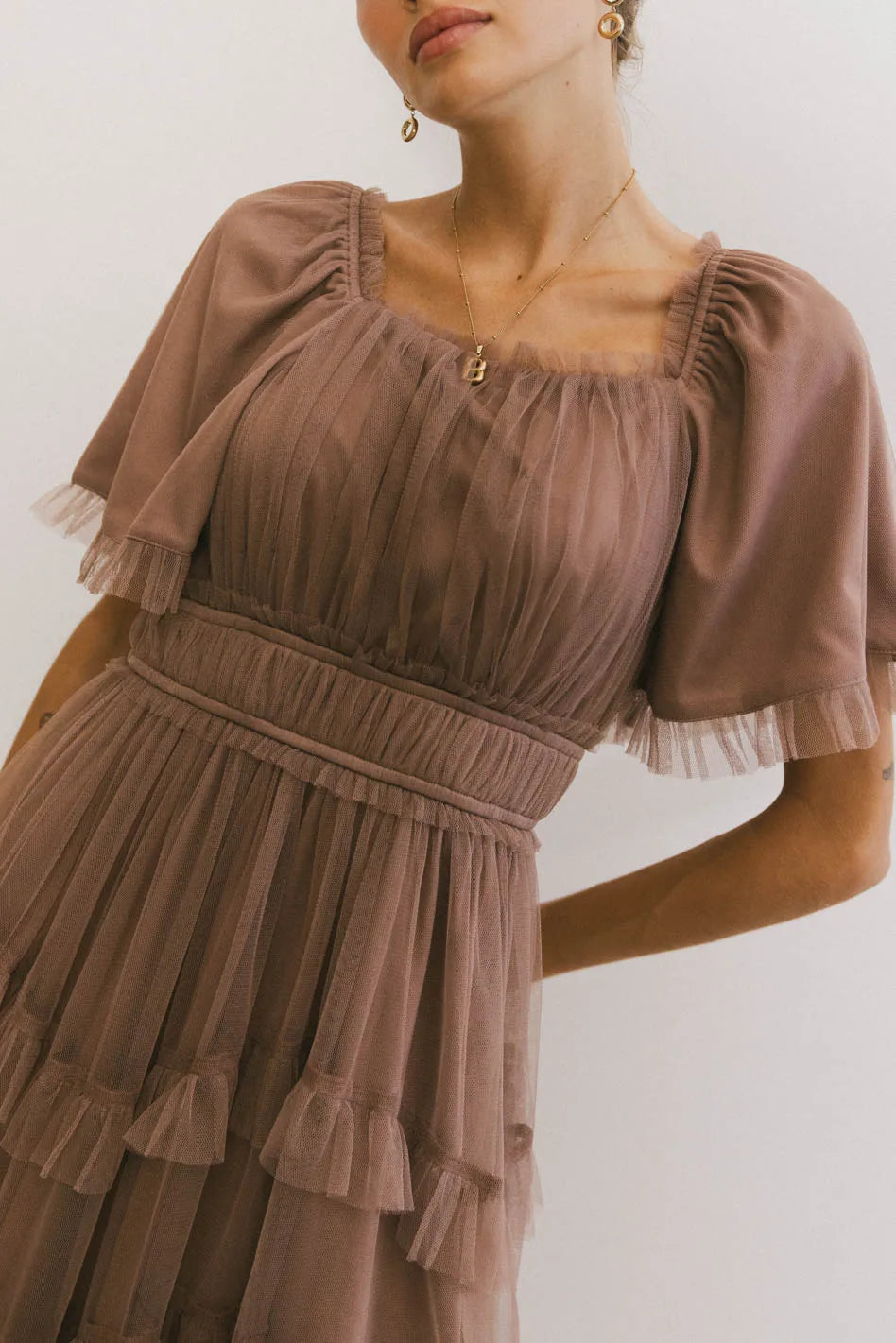 Eugena Ruffled Maxi Dress in Mocha