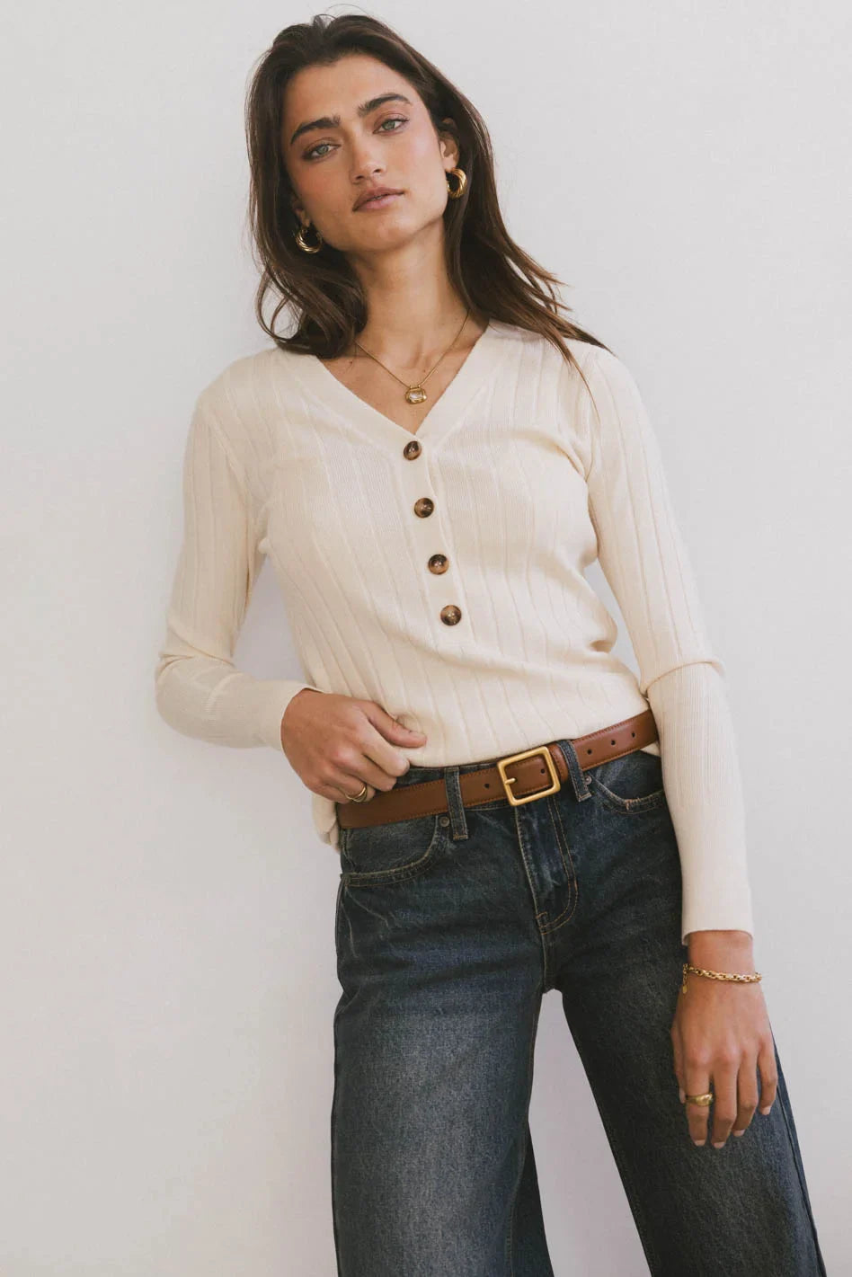 Ribbed Button Front Top in Ivory