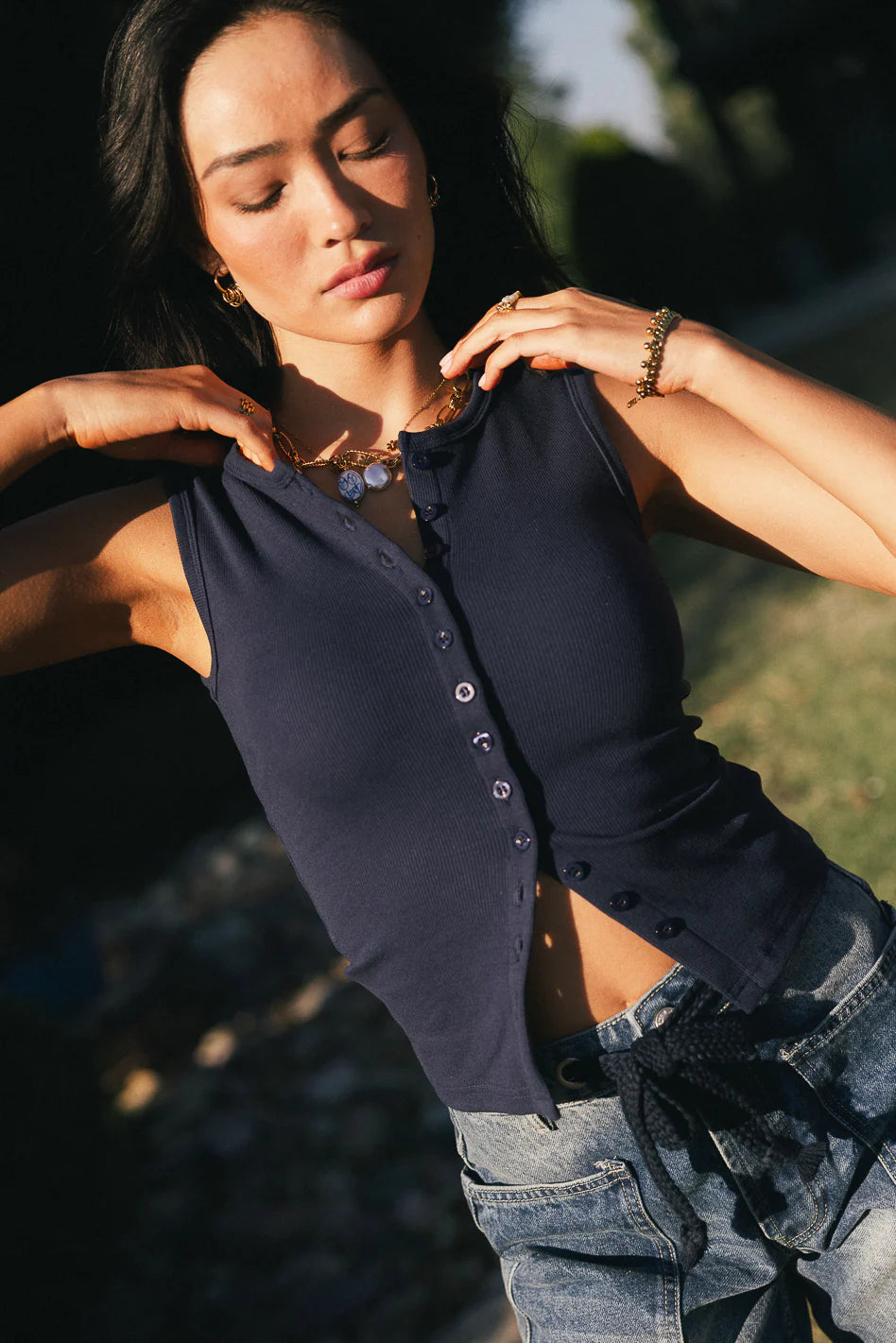 Lucas Button Up Tank Top in Navy