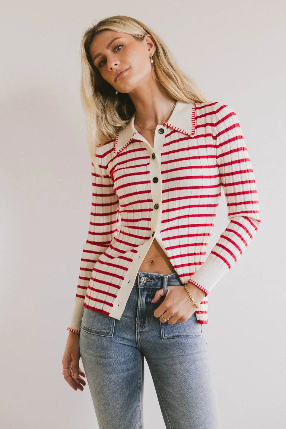 Harrison Striped Collared Top in Red