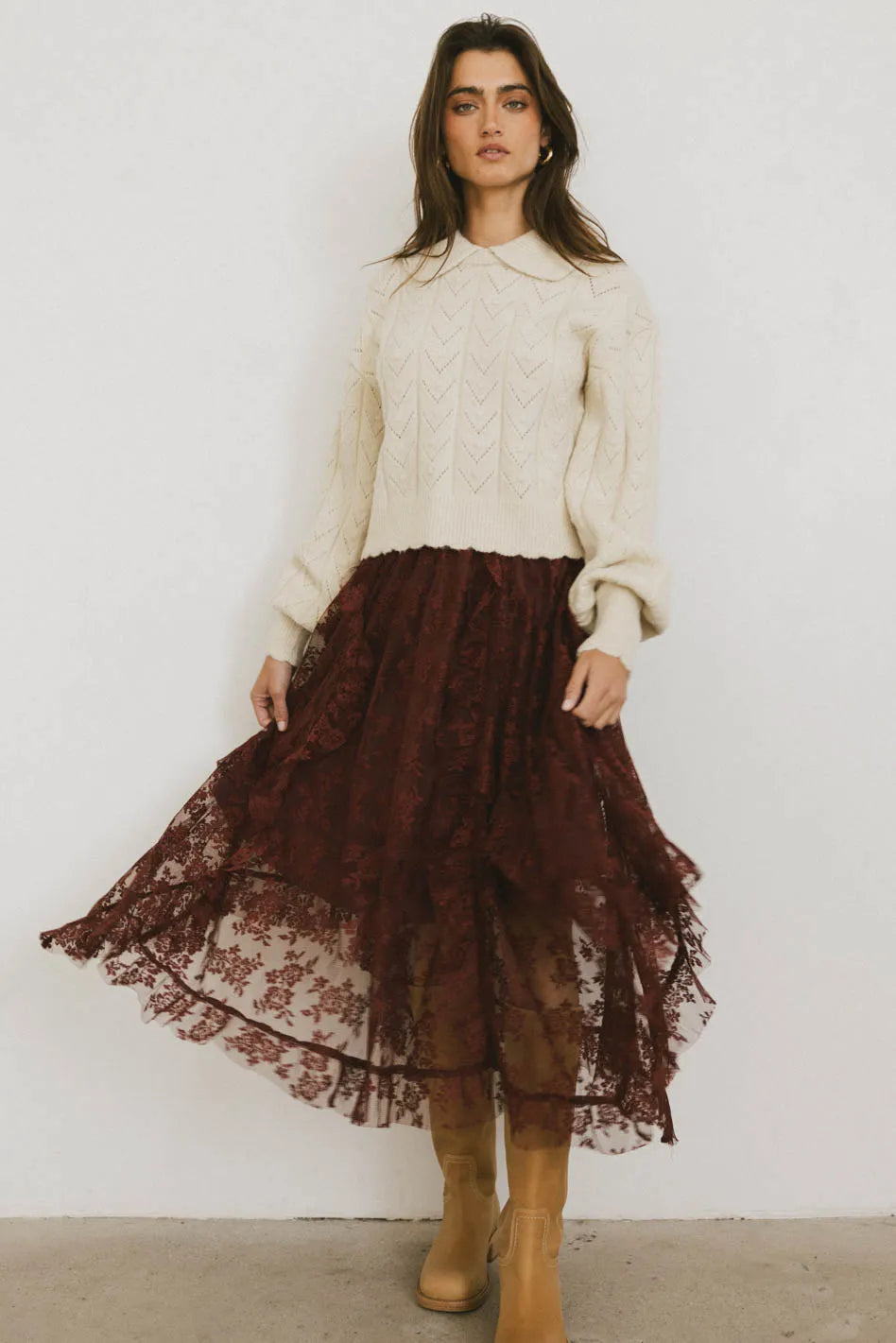 Elsie Lace Midi Skirt in Red-Brown