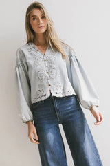 Violet Embroidered Blouse in Denim