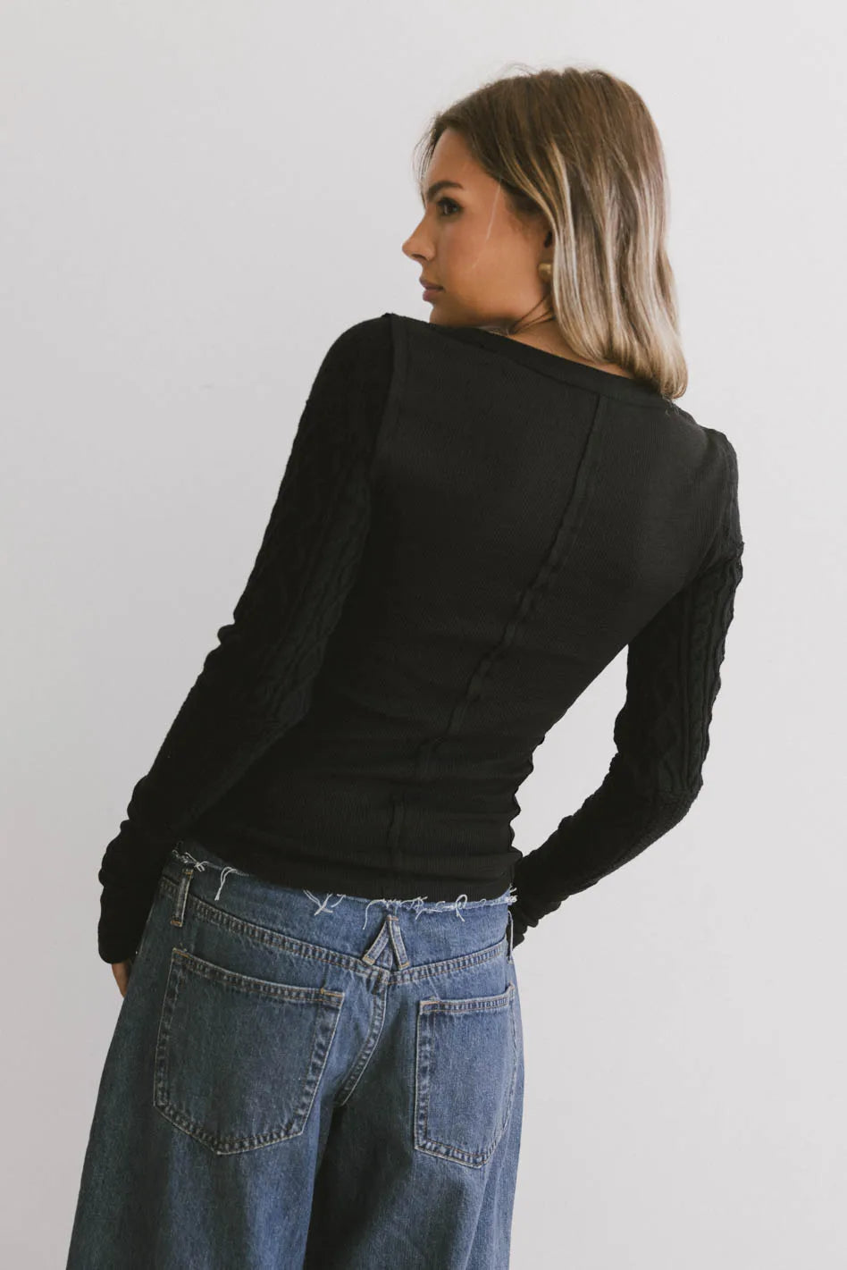 Naomi Cable Knit Sleeve Top in Black