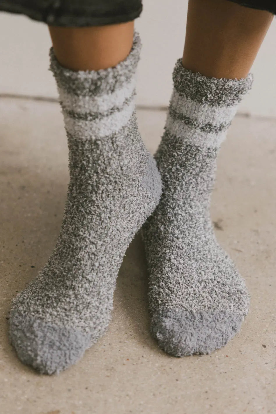 Fuzzy Striped Socks in Heather Grey