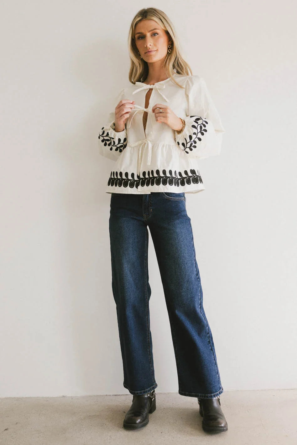 Stariana Embroidered Tie Blouse in Cream