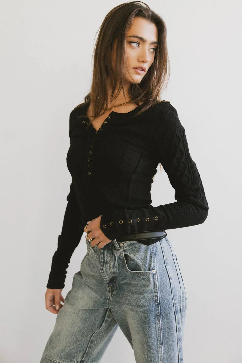 Naomi Cable Knit Sleeve Top in Black