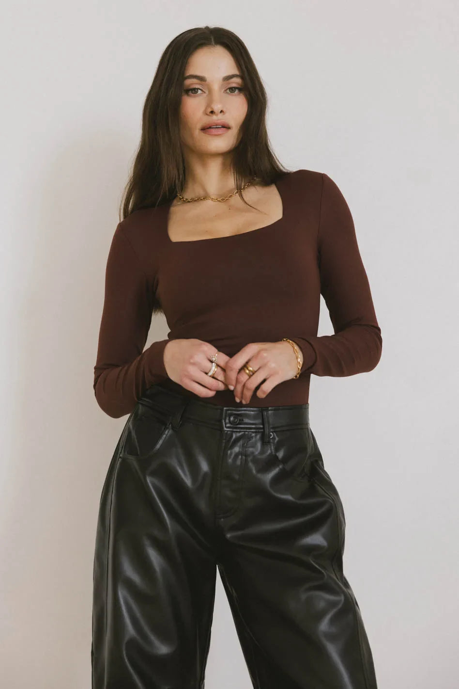 Demi Square Neck Bodysuit in Red-Brown