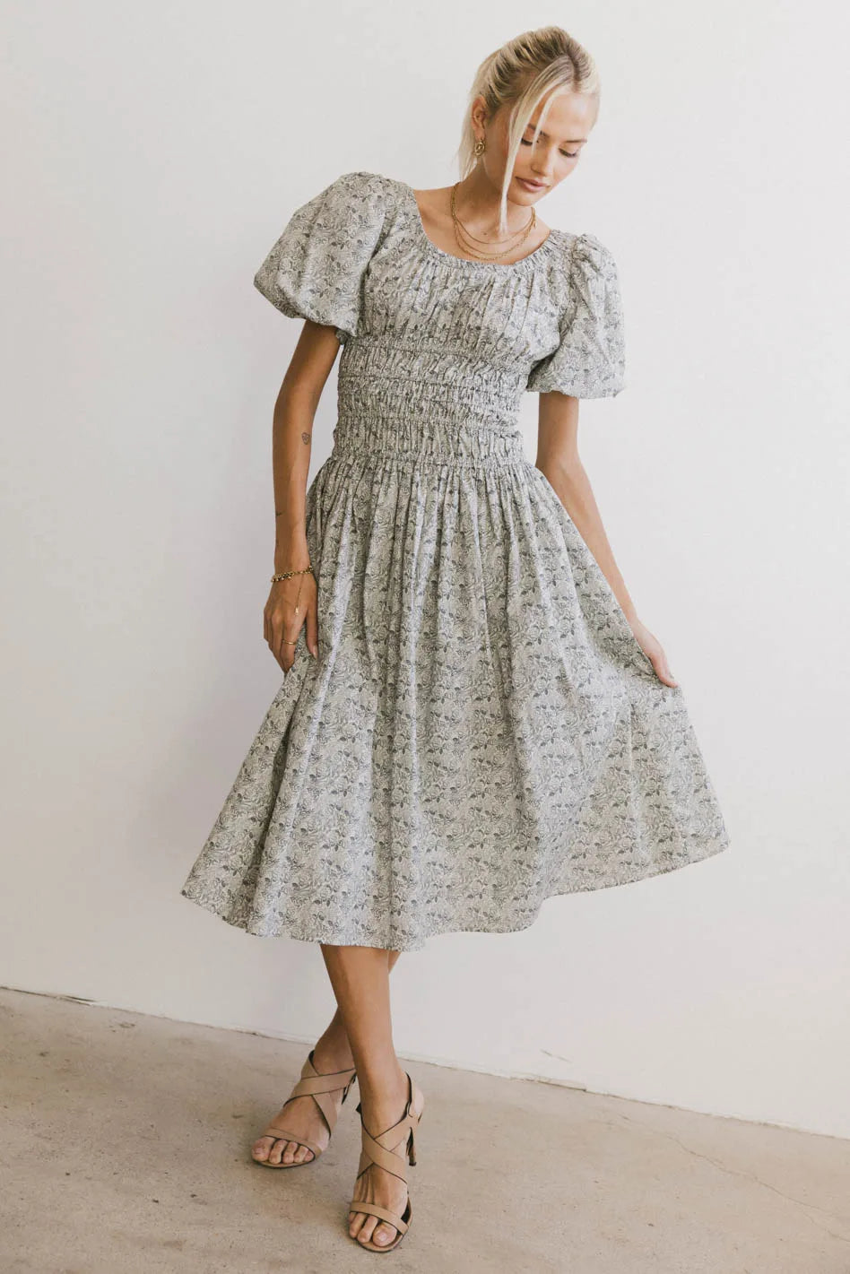 Lucille Smocked Floral Dress in Navy