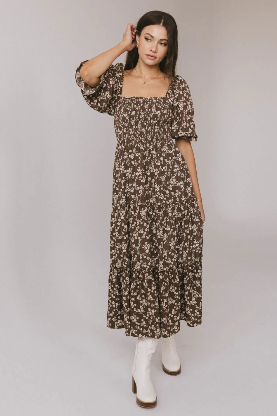 Kiran Floral Midi Dress in Brown