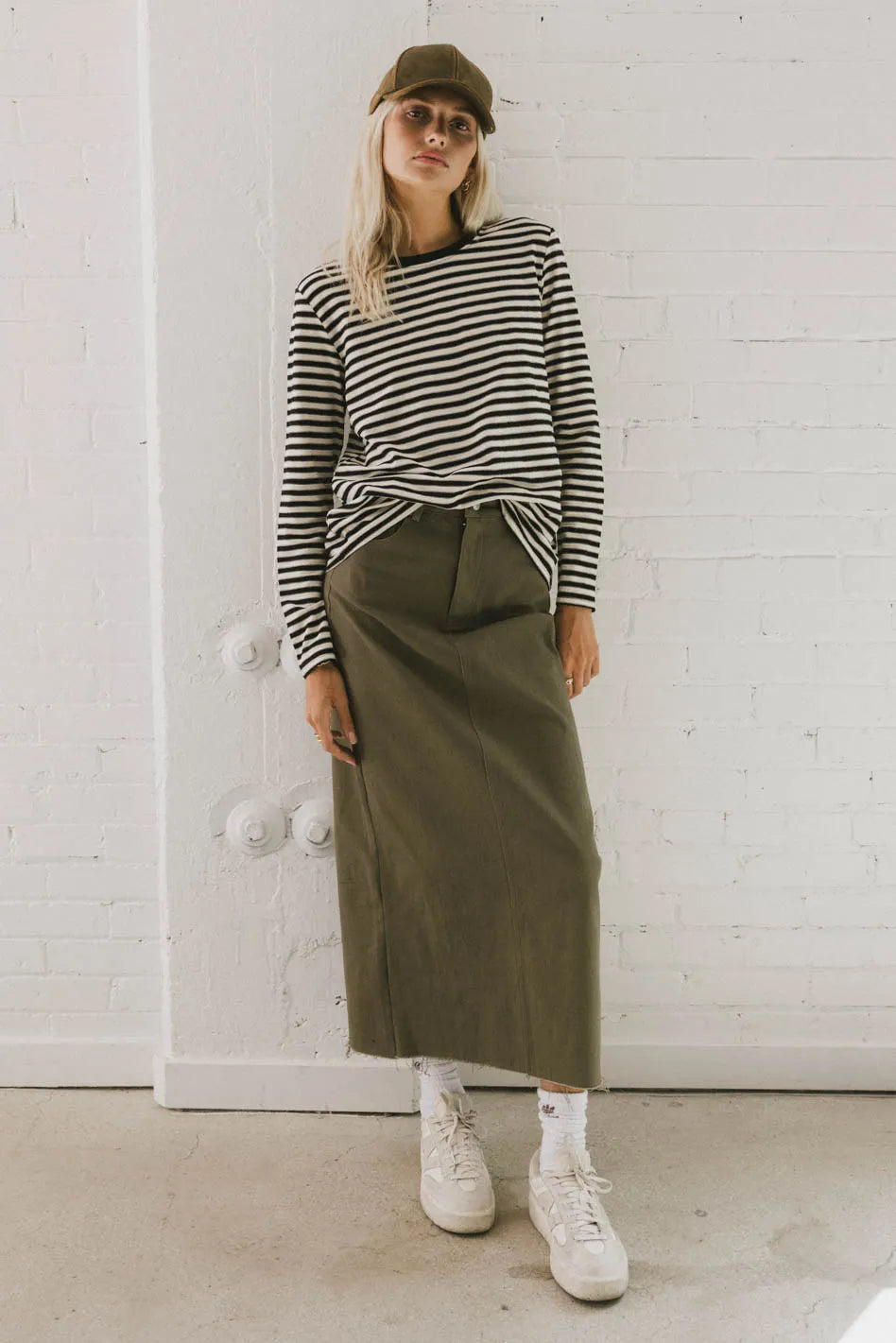 Rylie Denim Maxi Skirt in Olive