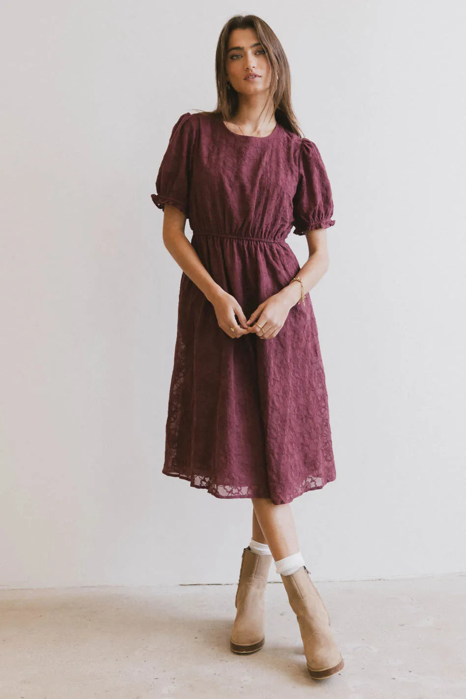 Cecy Embroidered Midi Dress in Burgundy - FINAL SALE