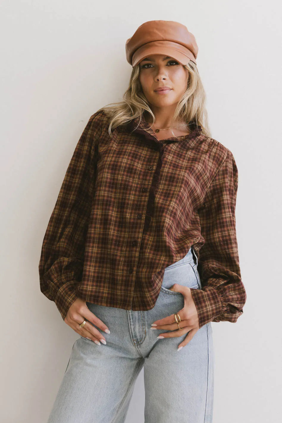 Rue Plaid Button Up in Brown - FINAL SALE