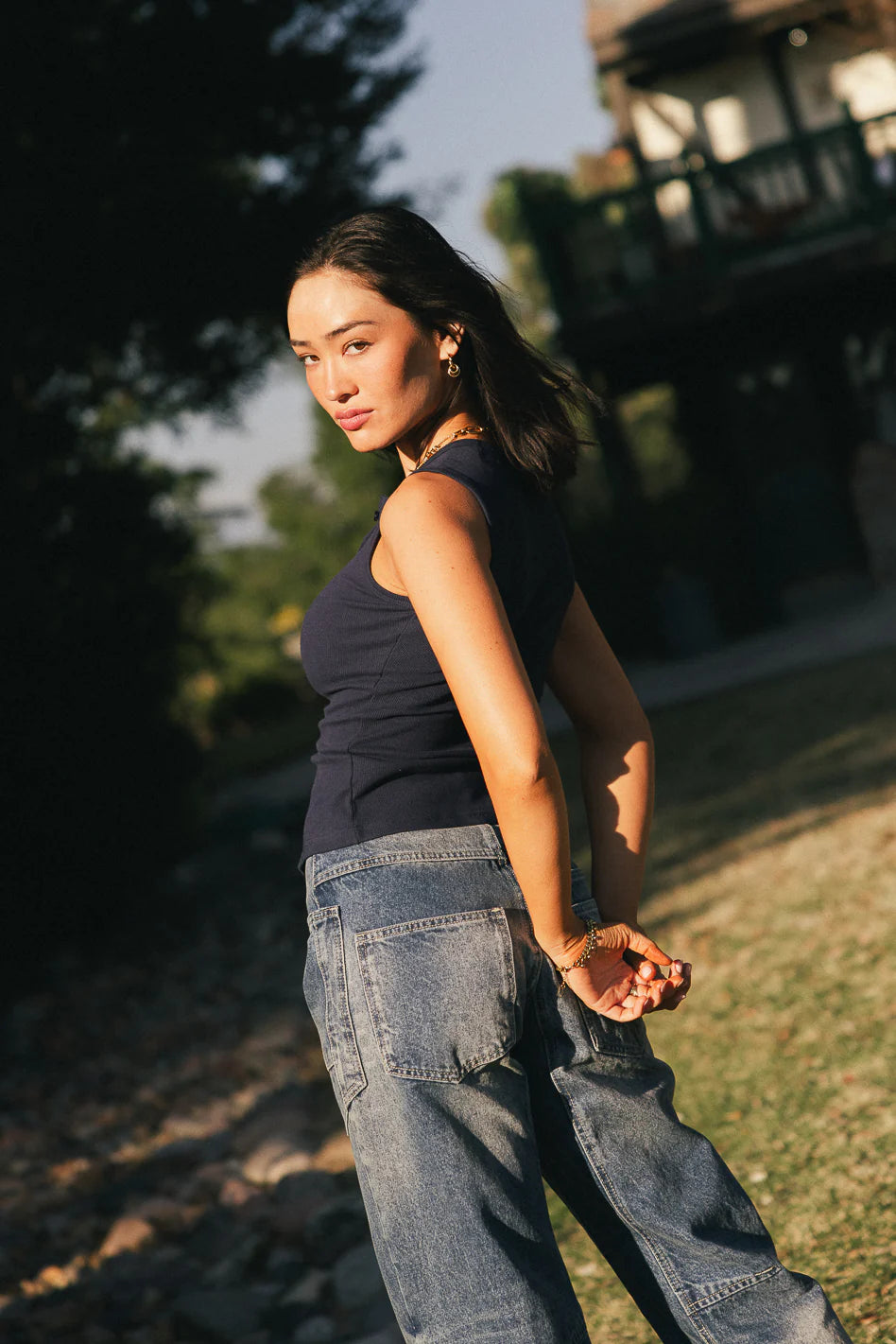 Lucas Button Up Tank Top in Navy