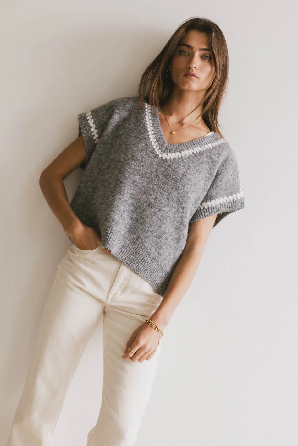 Hazel Embroidered Sweater Top in Grey