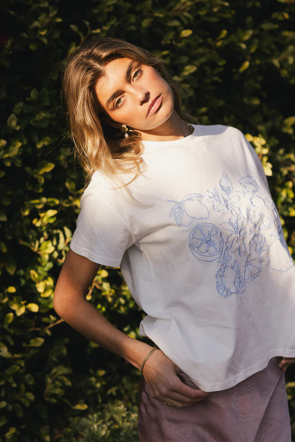 Citrus Embroidered Tee in Blue