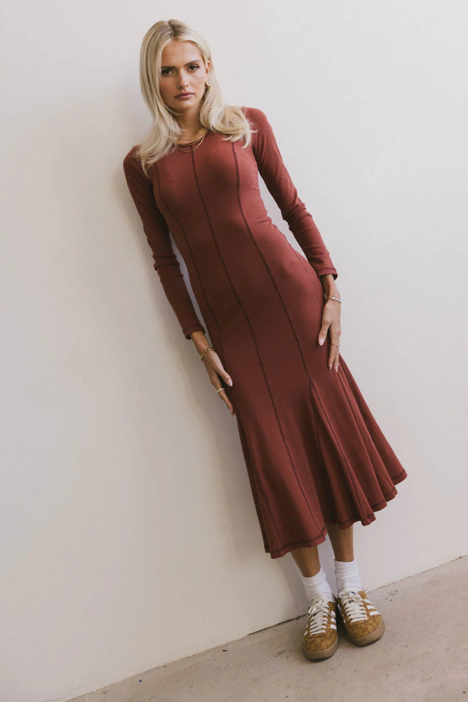 Fiona Ribbed Godet Dress in Rust - FINAL SALE