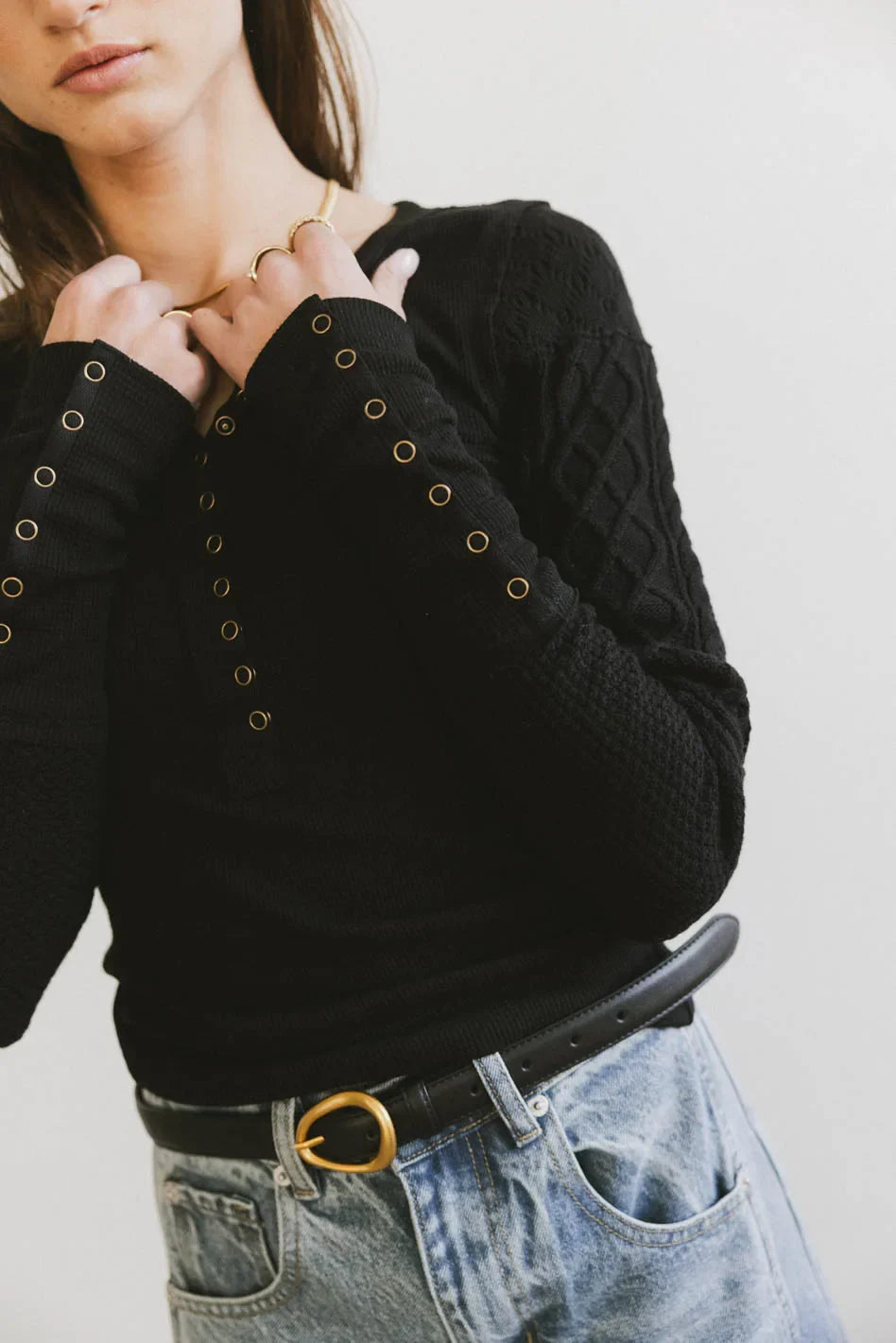 Naomi Cable Knit Sleeve Top in Black