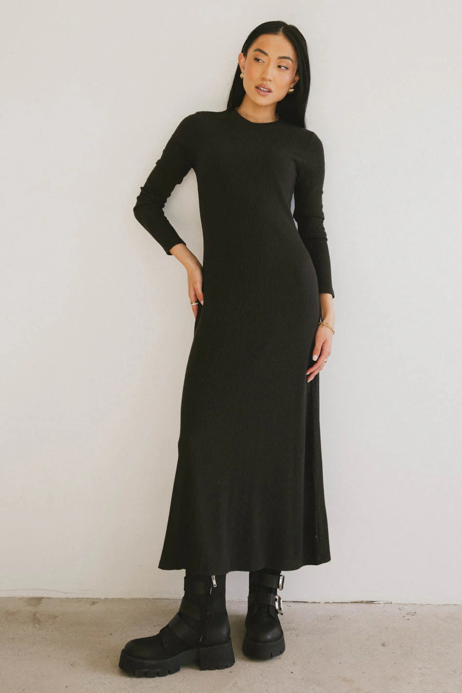 Lynette Ribbed Maxi Dress in Charcoal