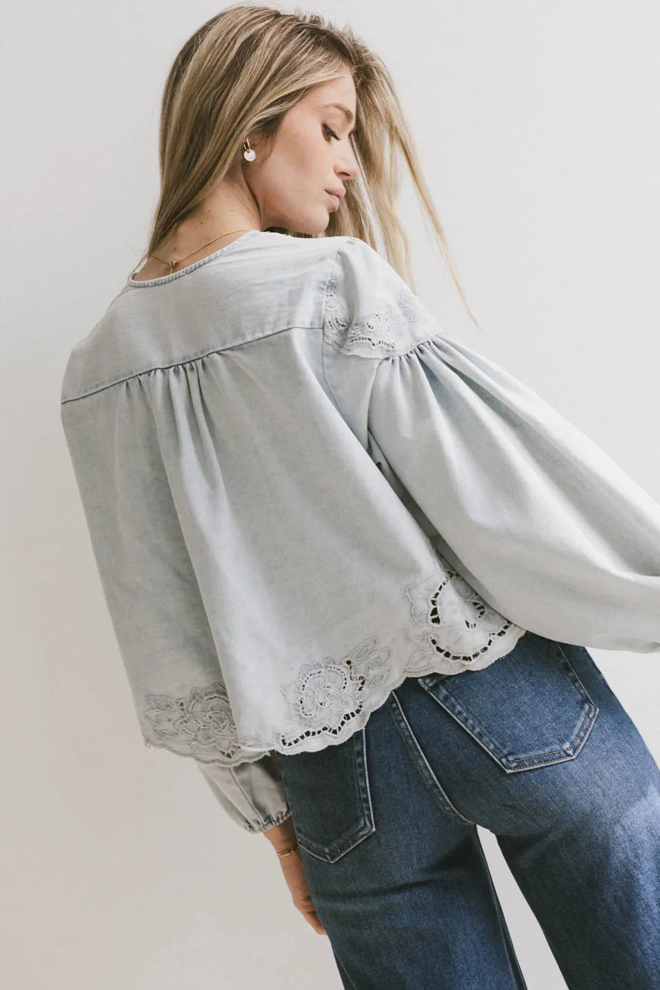 Violet Embroidered Blouse in Denim