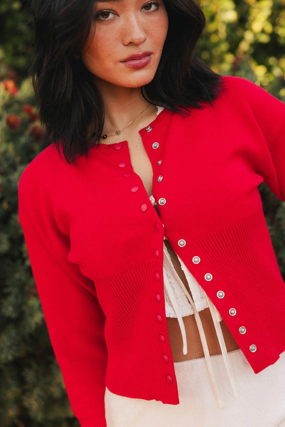 Julia Ribbed Cardigan in Red