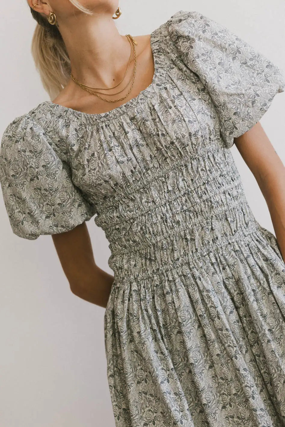 Lucille Smocked Floral Dress in Navy