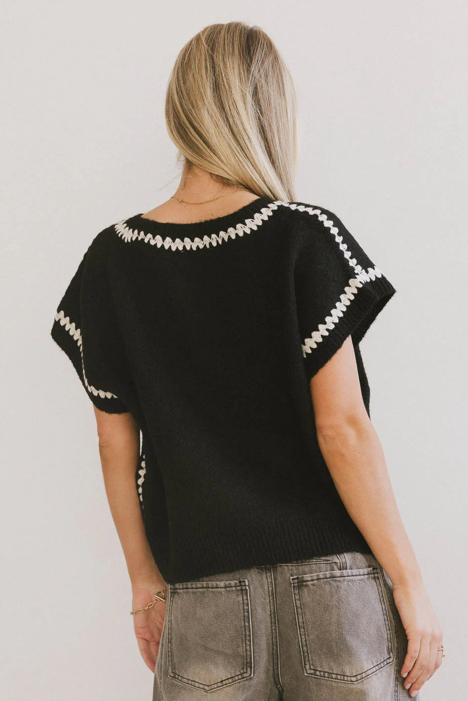 Hazel Embroidered Sweater Top in Black