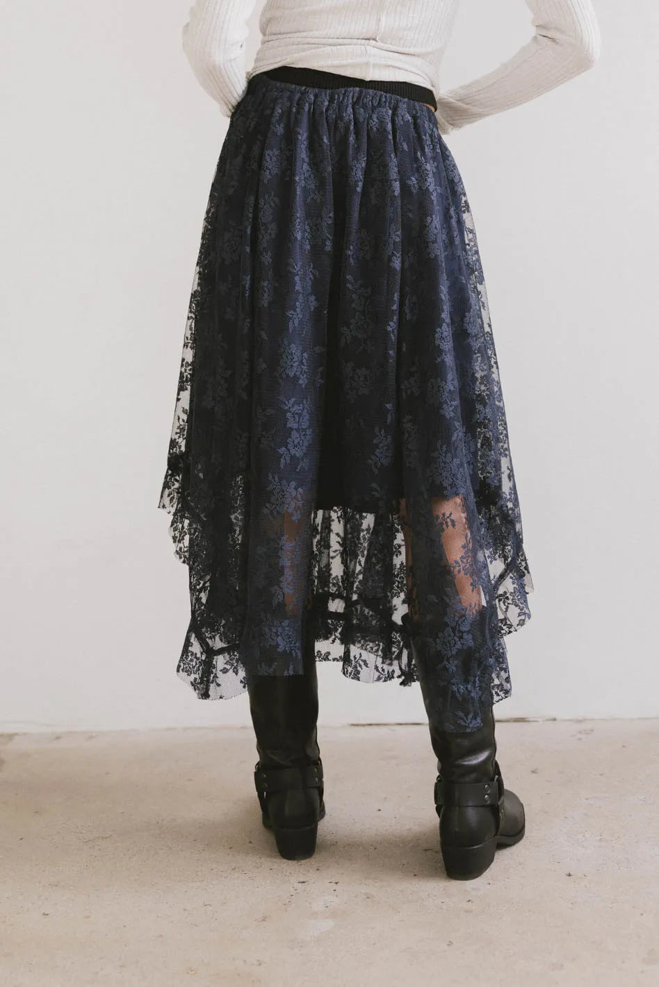 Elsie Lace Midi Skirt in Navy