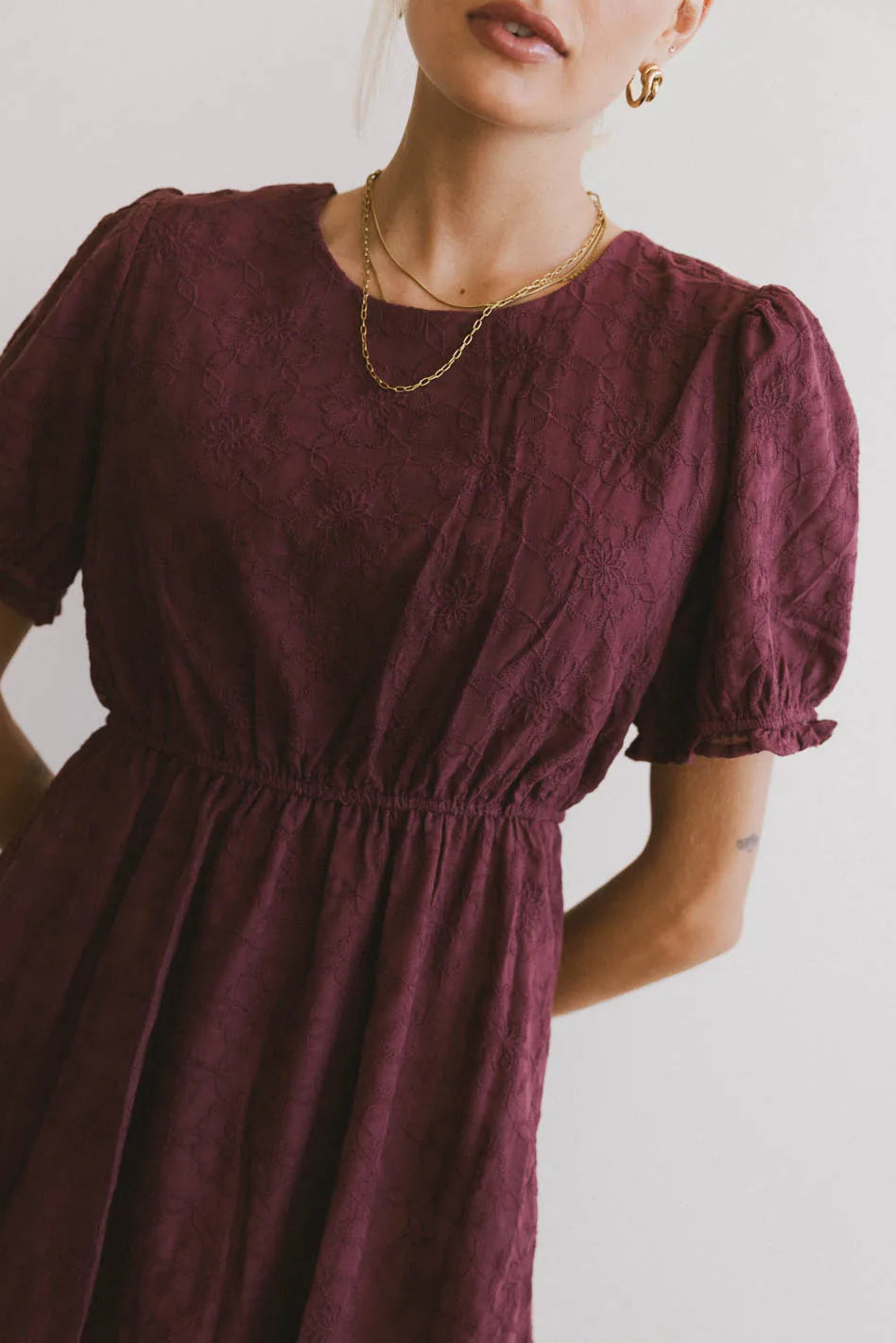 Cecy Embroidered Midi Dress in Burgundy - FINAL SALE