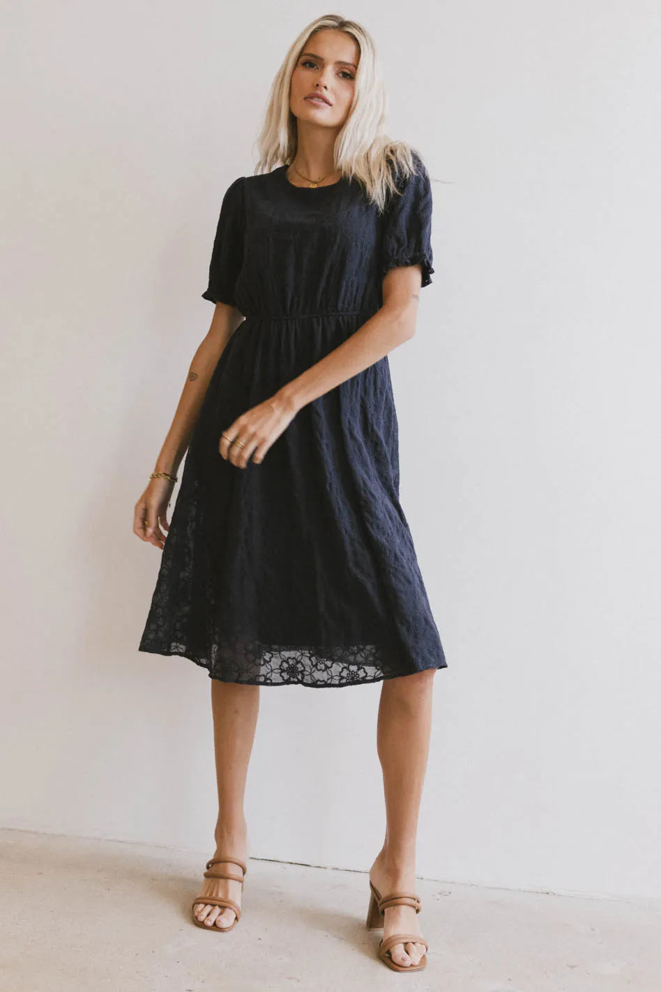 Cecy Embroidered Midi Dress in Navy