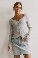 Logan Lace Trim Top in Grey