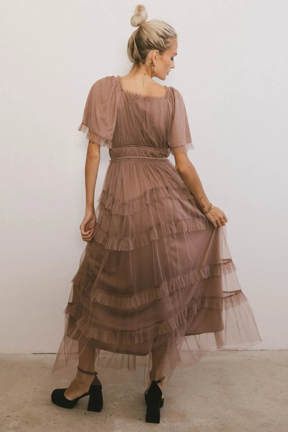 Eugena Ruffled Maxi Dress in Mocha