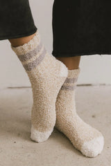 Fuzzy Striped Socks in Beige