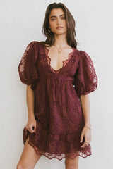 Tiana Embroidered Mini Dress in Red-Brown