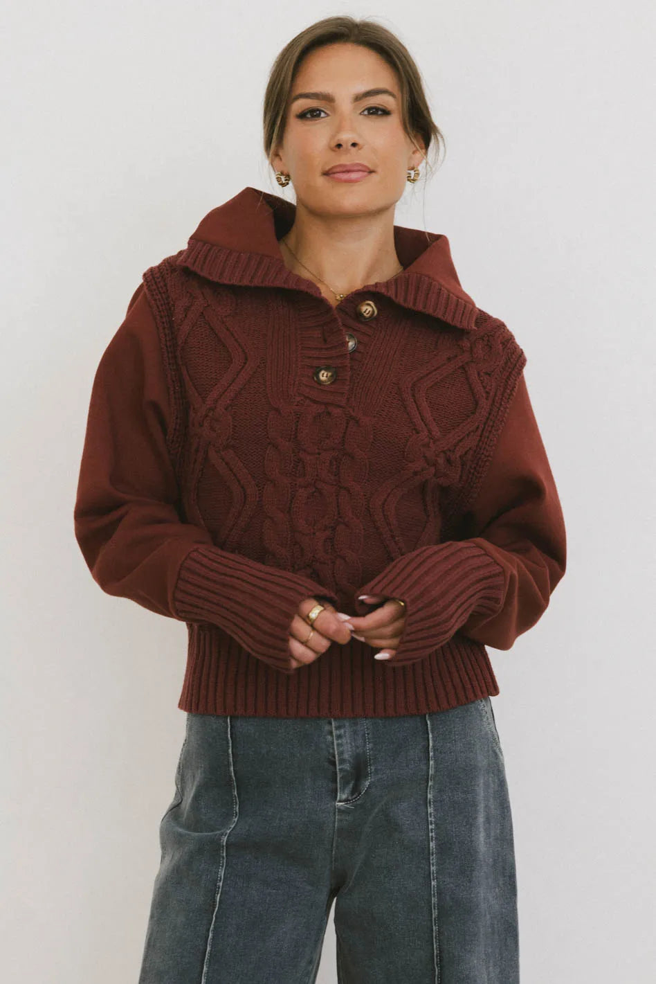 Irene Cable Knit Sweater in Burgundy