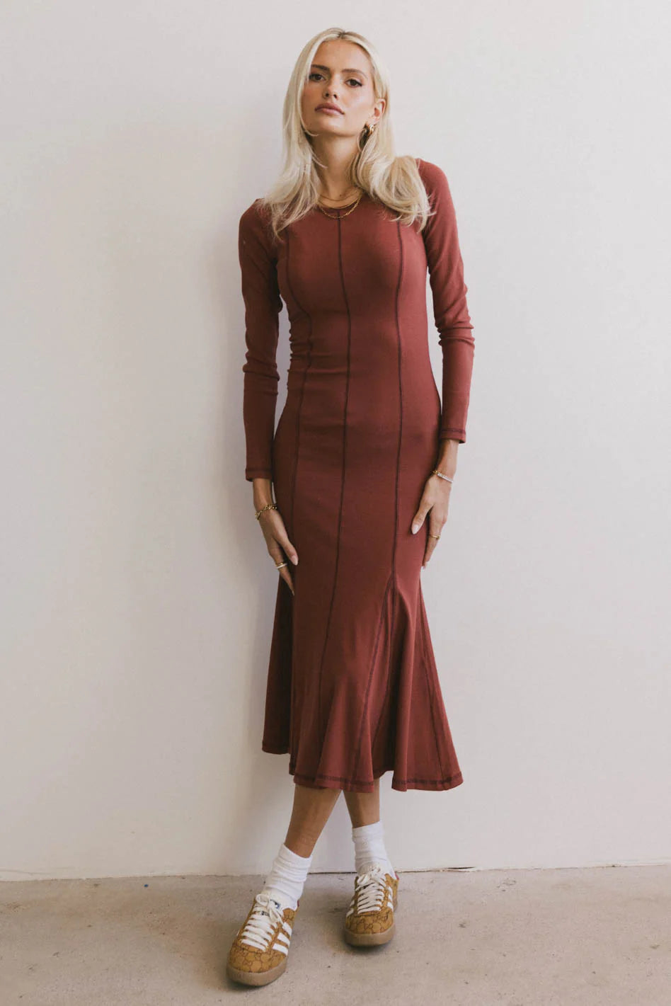 Fiona Ribbed Godet Dress in Rust - FINAL SALE