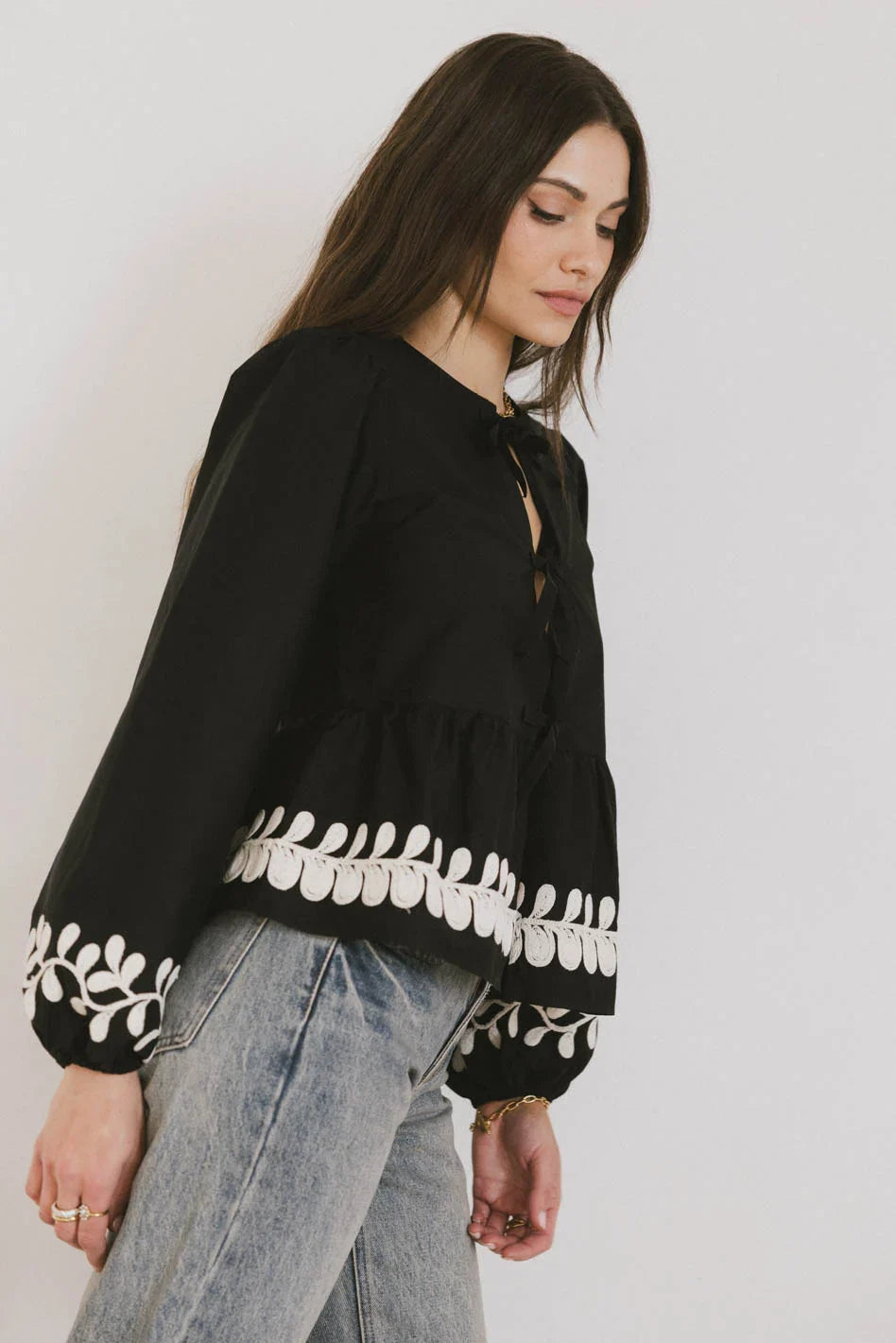 Stariana Embroidered Tie Blouse in Black