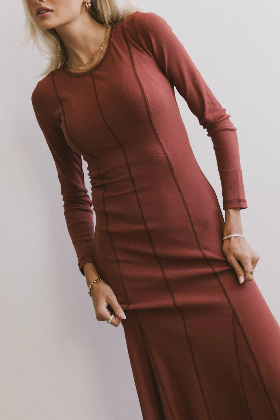 Fiona Ribbed Godet Dress in Rust - FINAL SALE