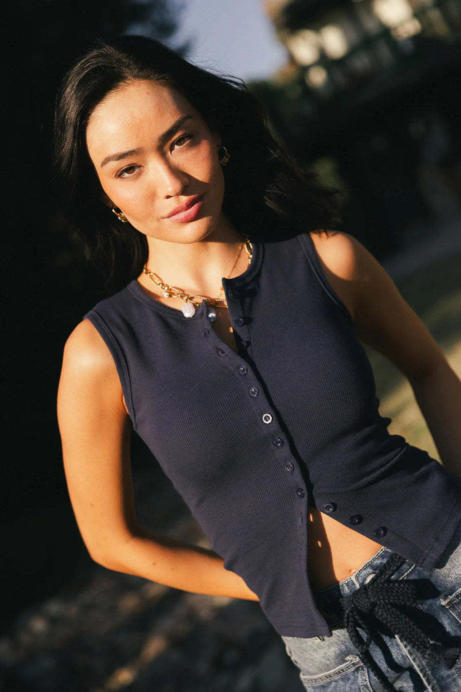 Lucas Button Up Tank Top in Navy