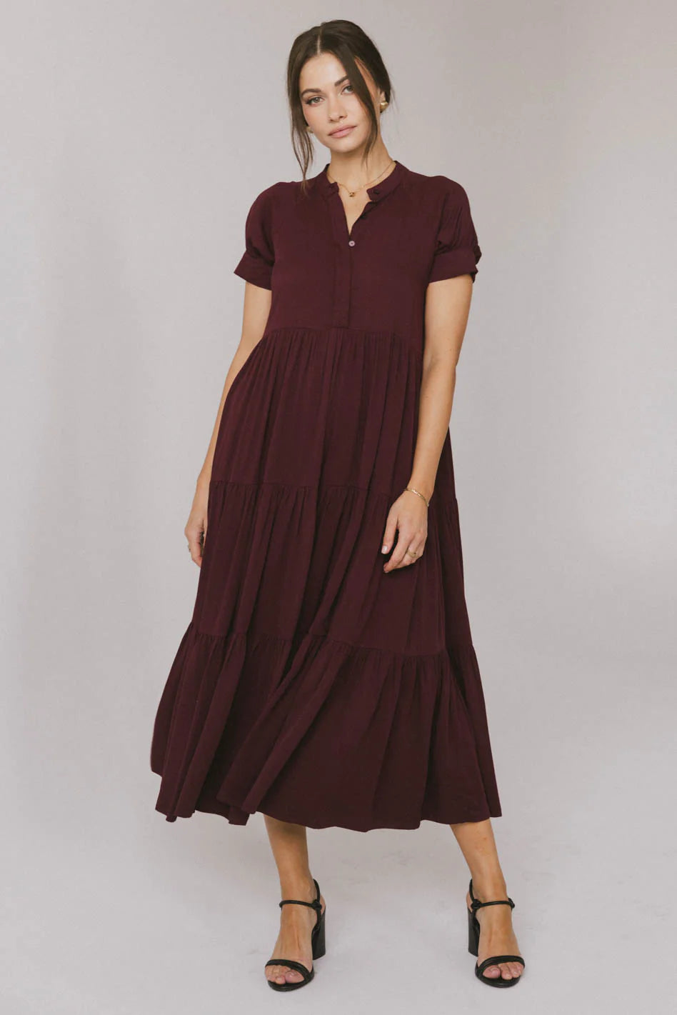 Amanda Tiered Dress in Burgundy