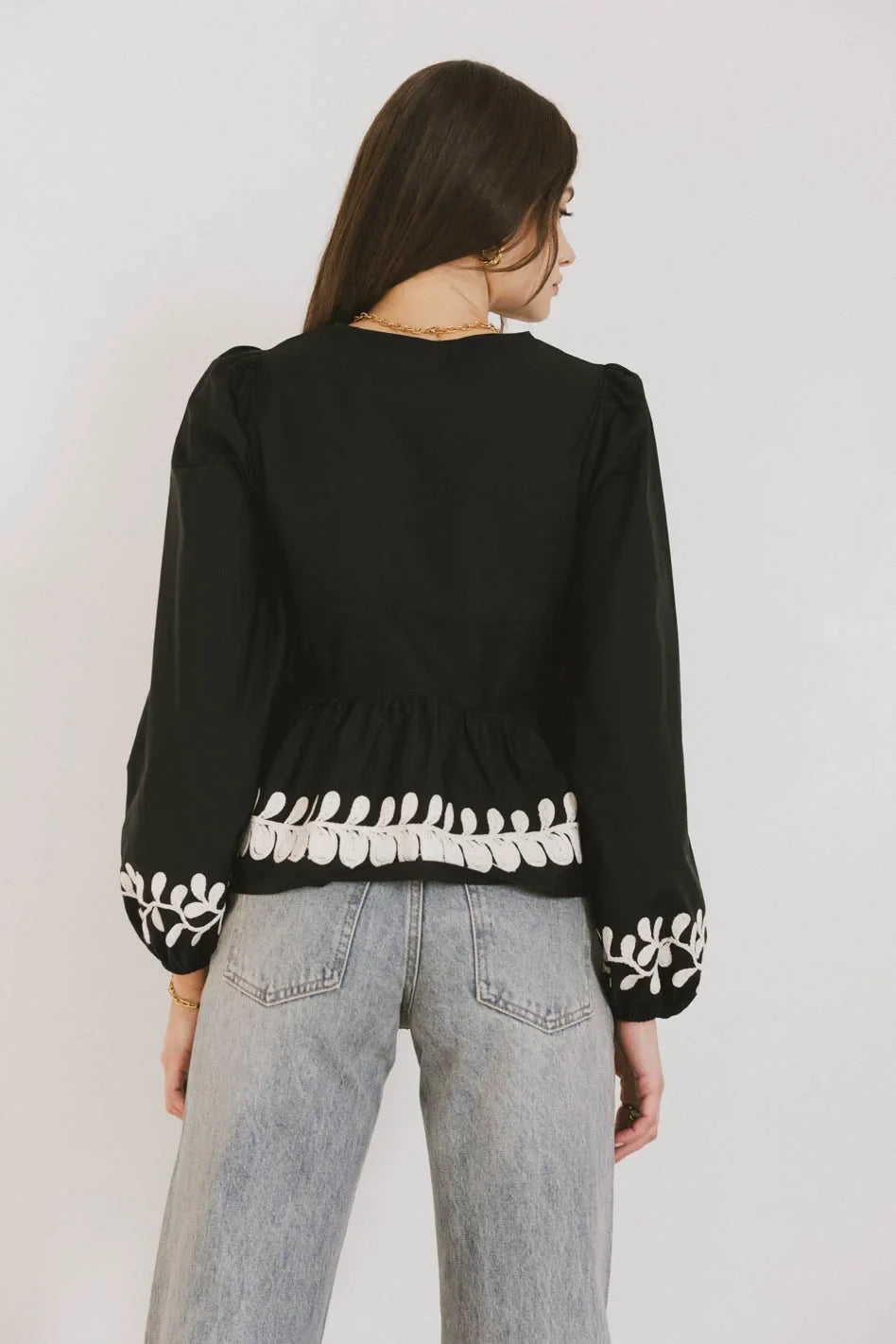 Stariana Embroidered Tie Blouse in Black