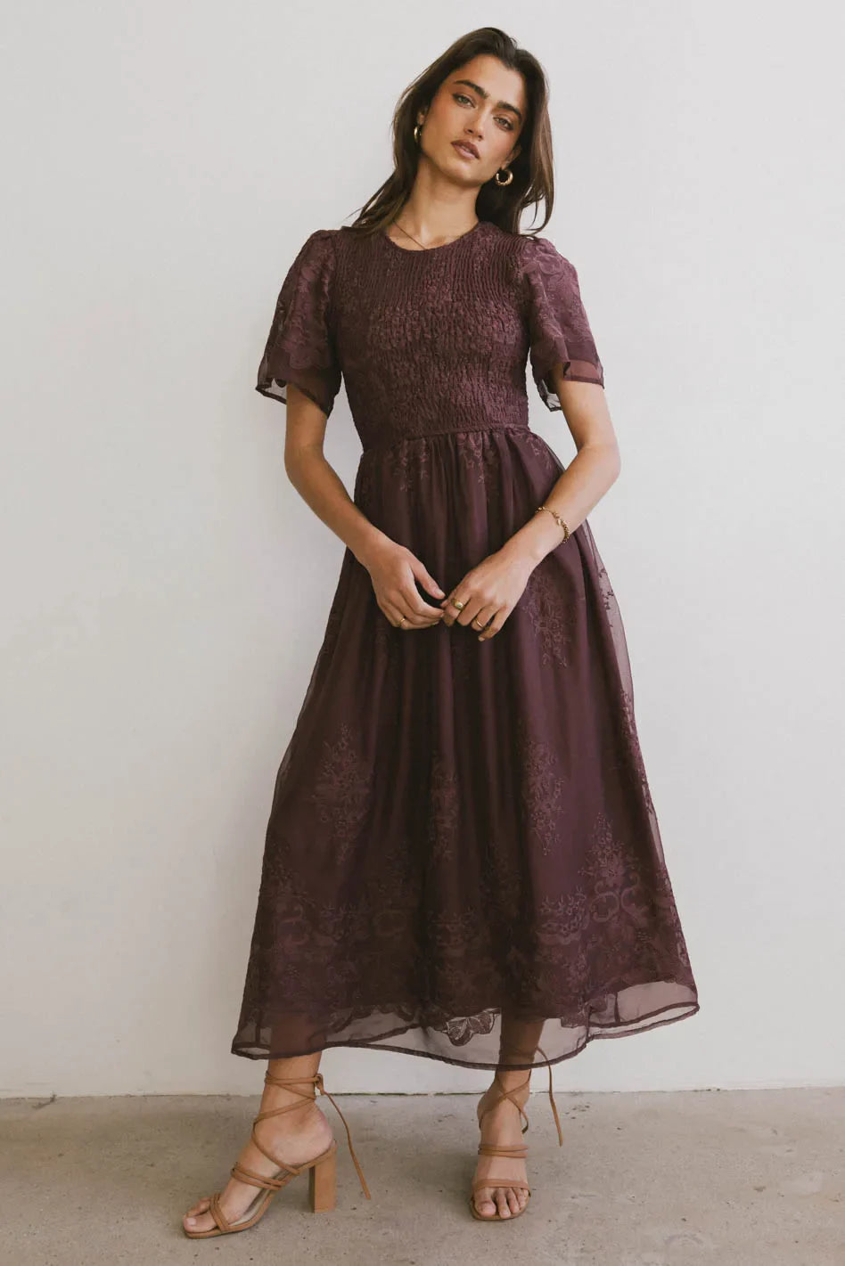 Alora Embroidered Dress in Maroon