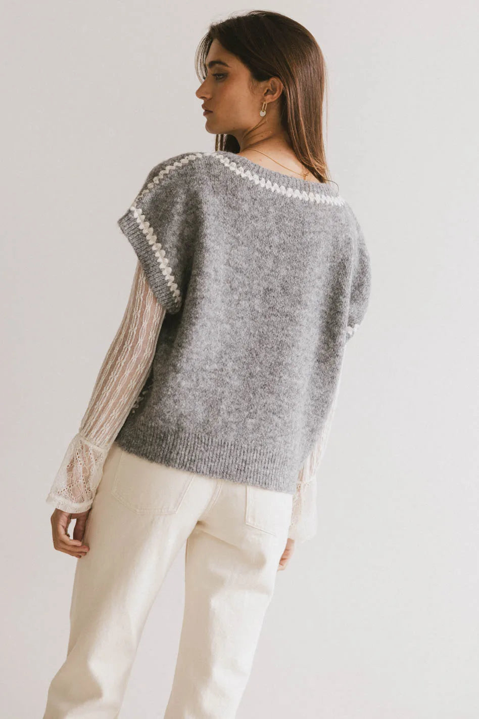 Hazel Embroidered Sweater Top in Grey