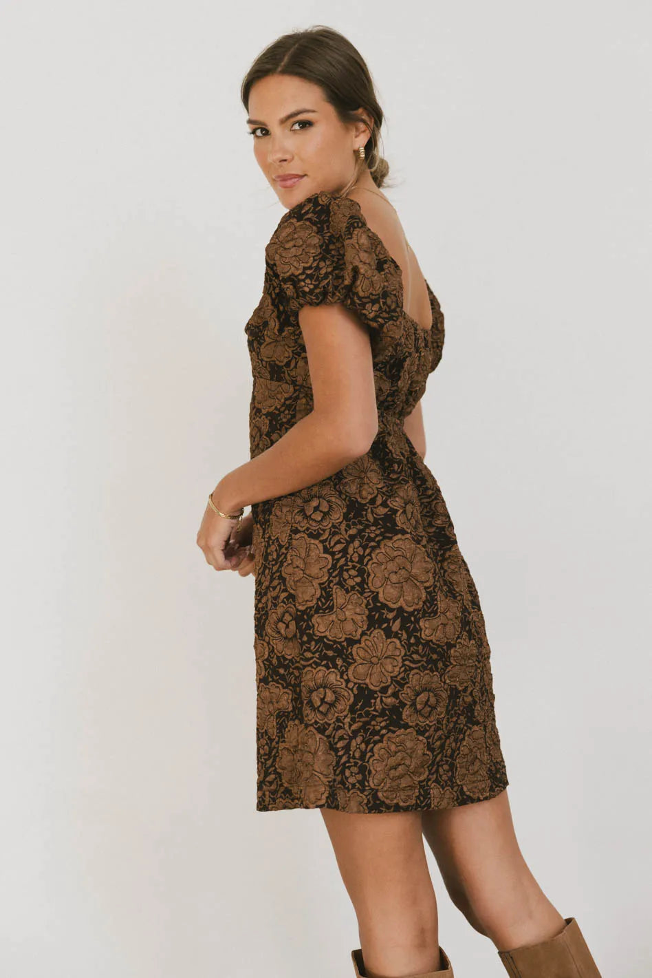 Darcella Floral Mini Dress in Brown