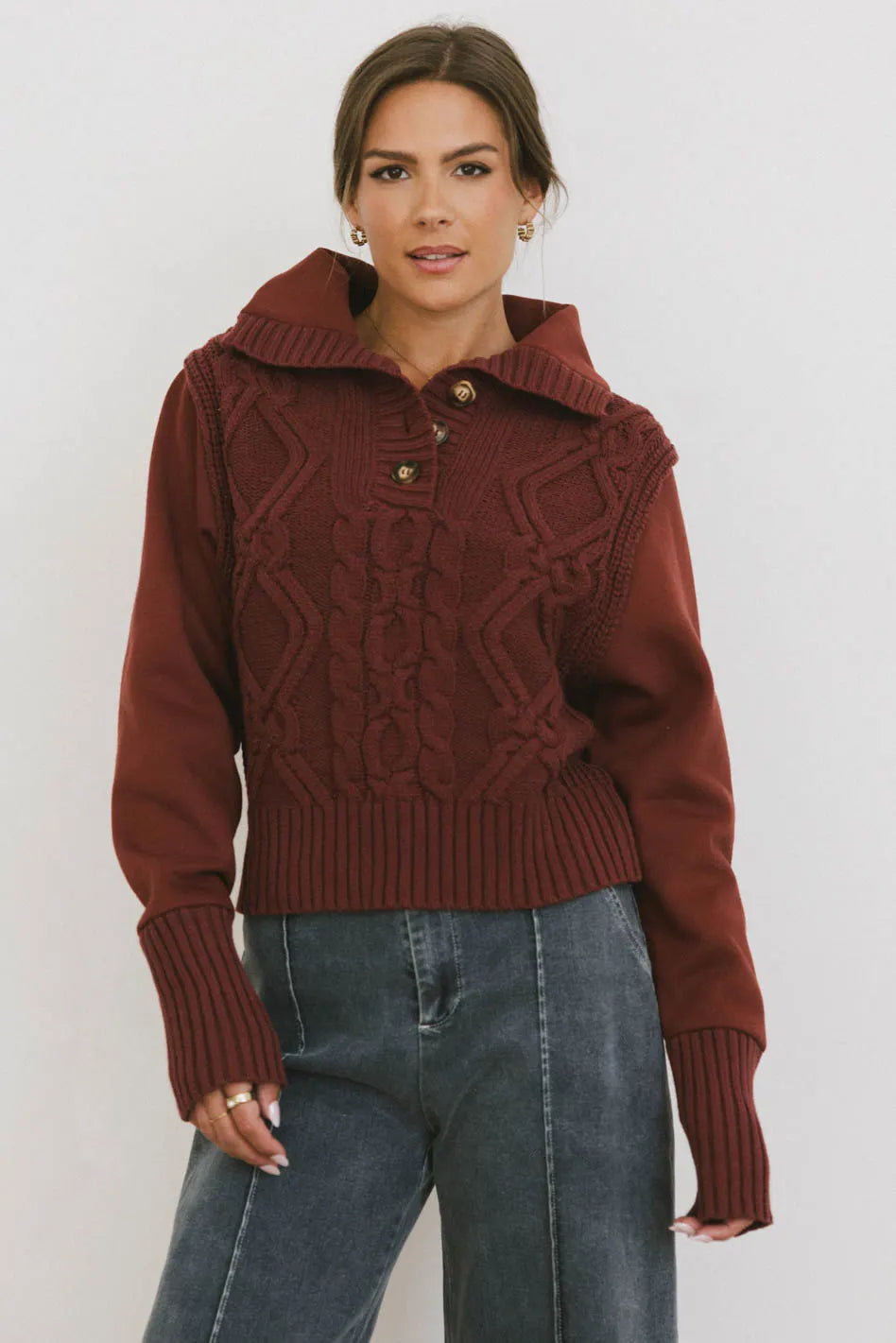 Irene Cable Knit Sweater in Burgundy