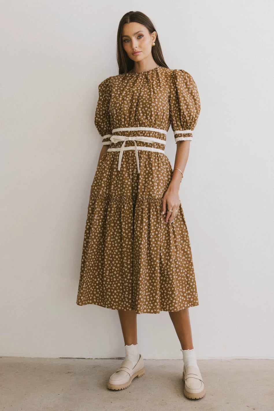 Kendra Ditsy Floral Midi Dress in Brown - FINAL SALE