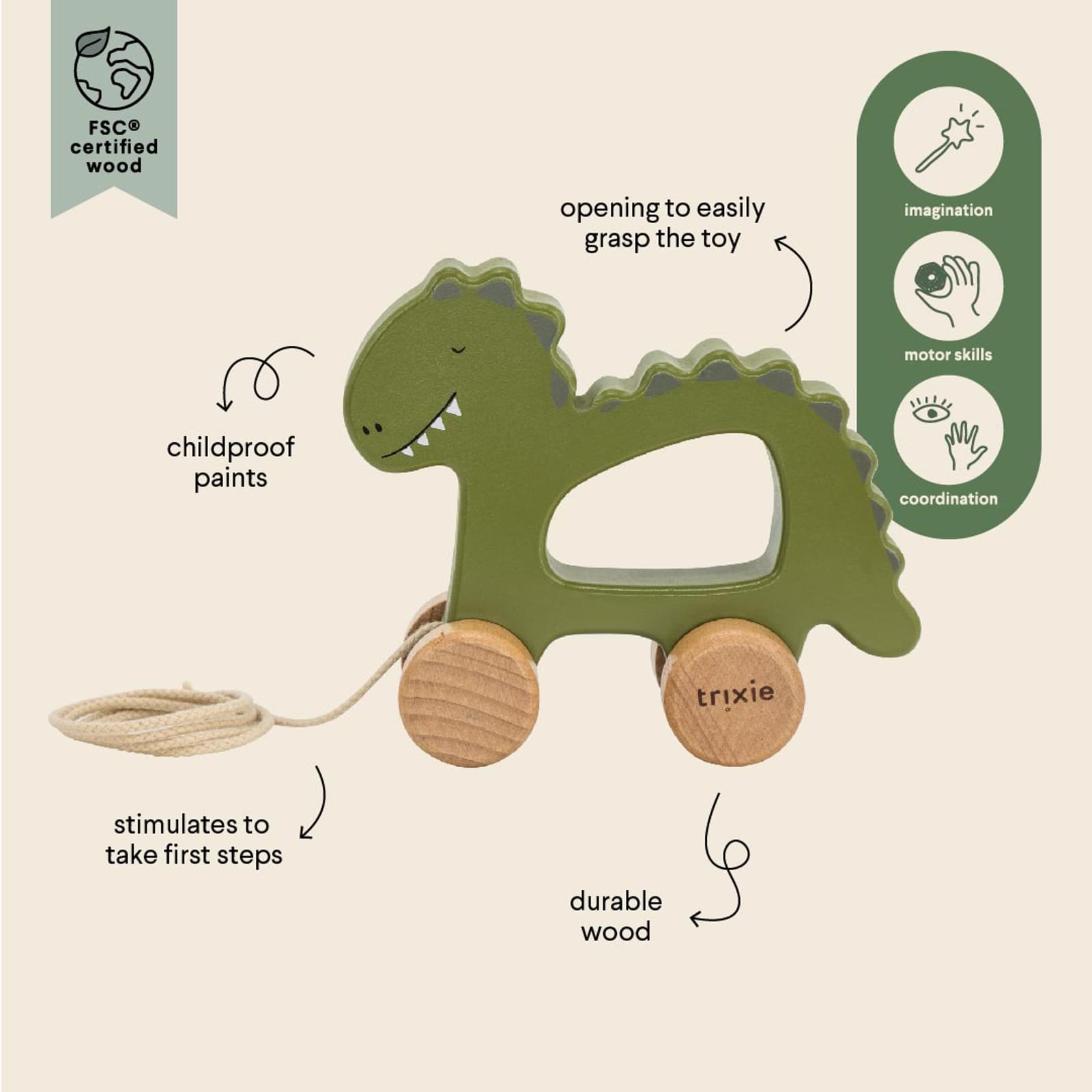 Wooden Pull Along Toy – Mr Dino