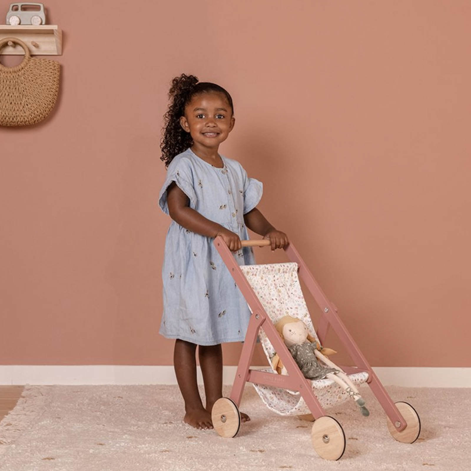 Wooden Doll Stroller Flowers and Butterflies